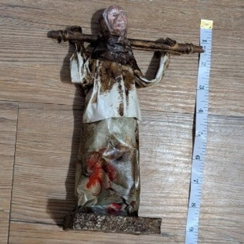 Vintage Mexican Folk Art Paper Mache Figurine Elderly Woman with Yoke 9 Inch